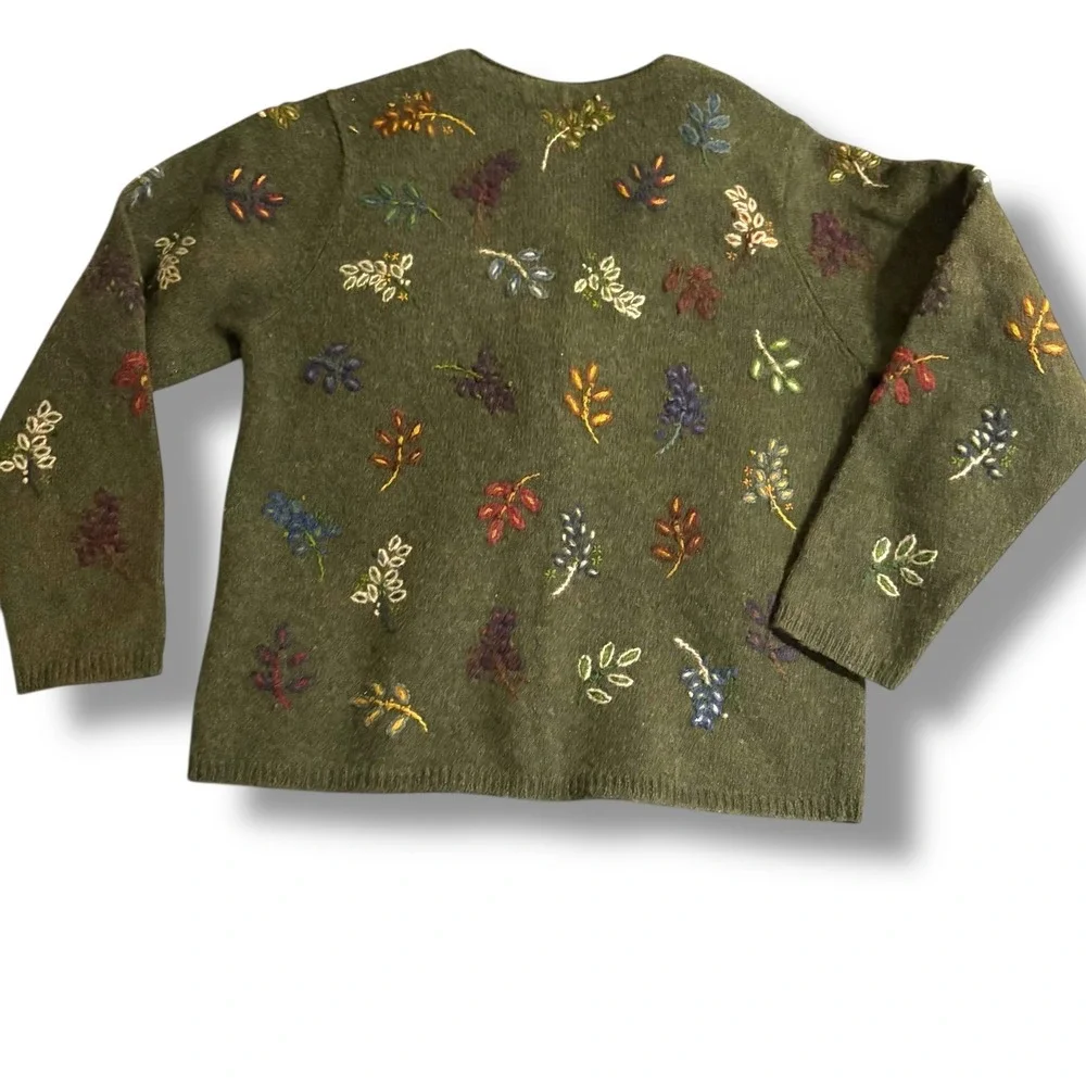 Eagle's Eye Vintage Womens Large Wool Embroidered Leaf Cardigan Olive Green L - Picture 3 of 5